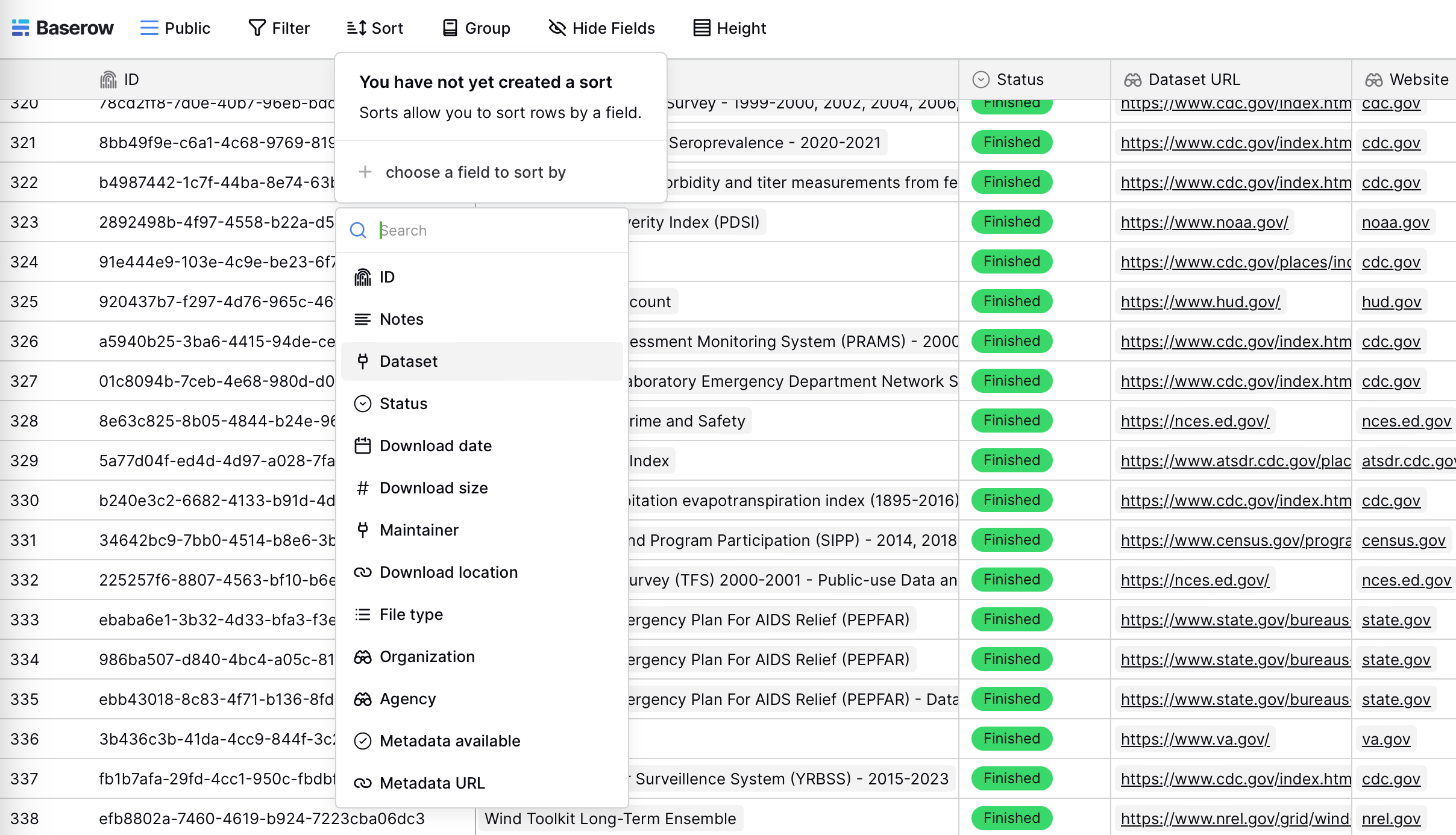 Screenshot of the Data Rescue Tracker showin the drop down for the Sort function.